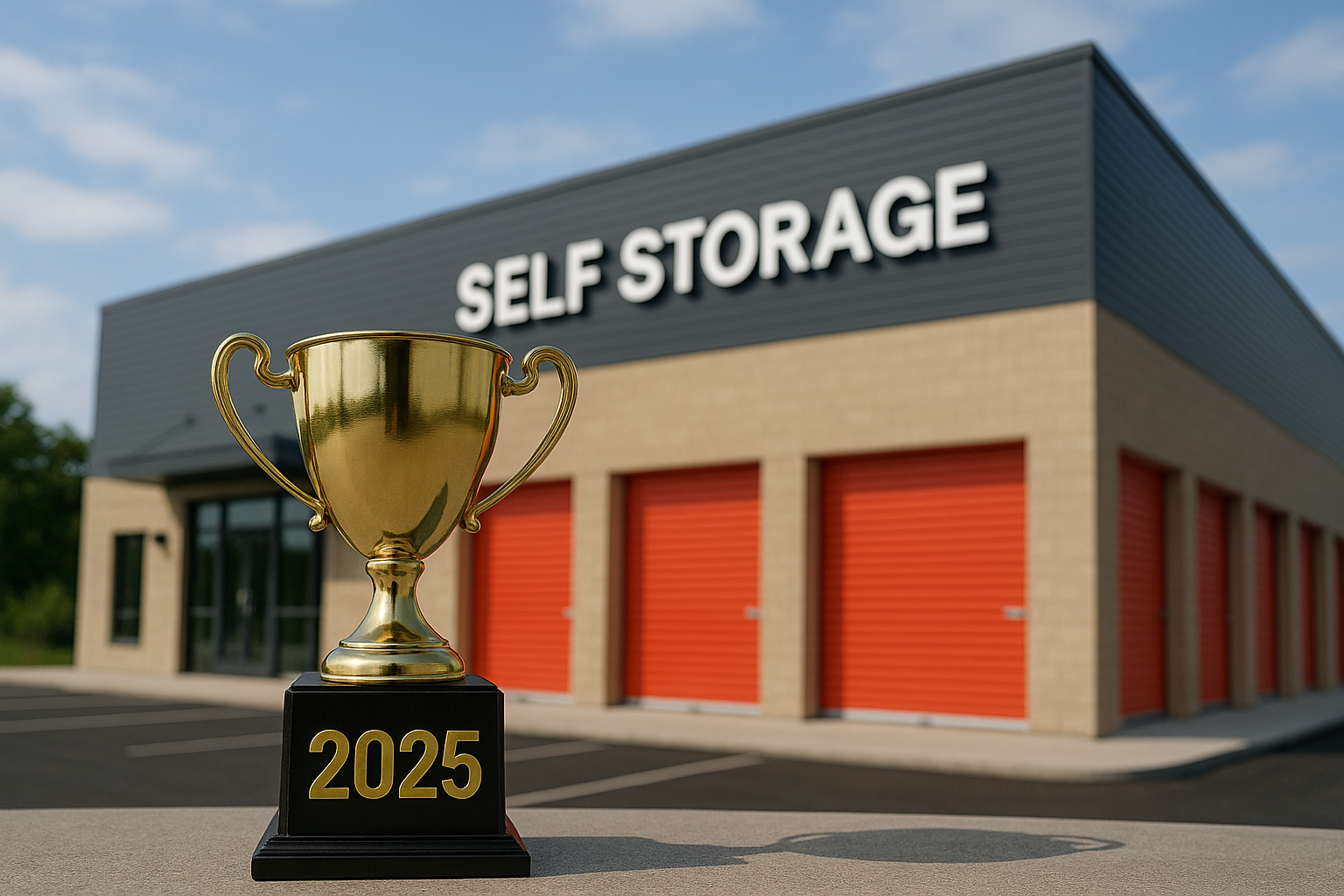 Self storage facility showcasing why the storage sector is the quiet winner of 2025. Gold trophy labeled 2025 in front of a storage facility with red roll up doors, representing self storage as the top performing real estate asset of 2025.